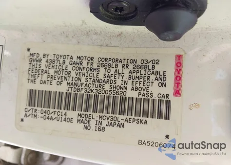 2002 Toyota Camry Se V6 from USA, damaged, VIN JTDBF32K320055620